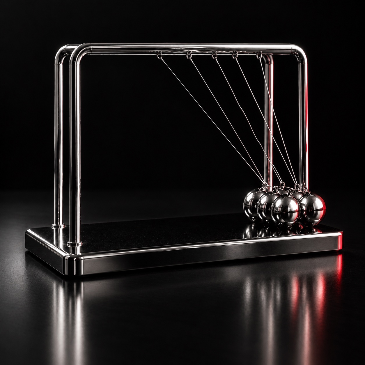Five mirrored spheres in a chrome Newton’s cradle all lean to one side, with a crimson reflection.